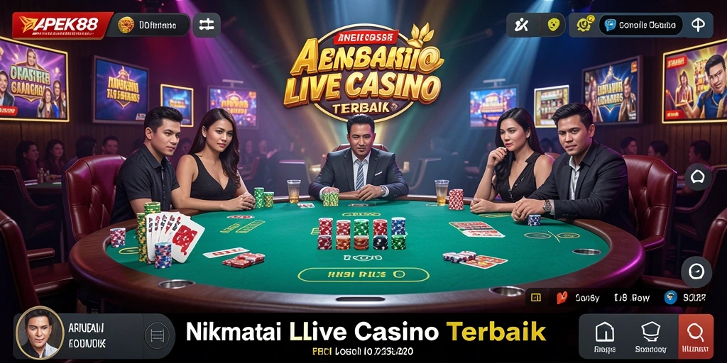Screenshot APEK88 menampilkan dealer profesional dan permainan Live Casino yang seru.