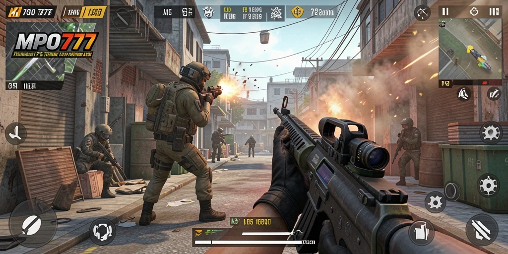 Screenshot MPO777 menampilkan gameplay aksi mendebarkan dalam pertempuran FPS.