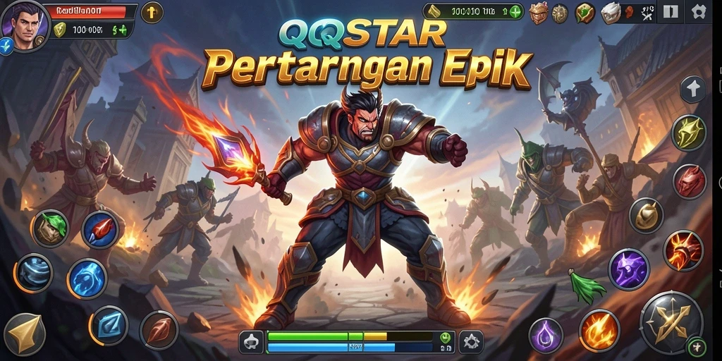 Screenshot utama QQSTAR menampilkan aksi pertarungan yang mendebarkan.