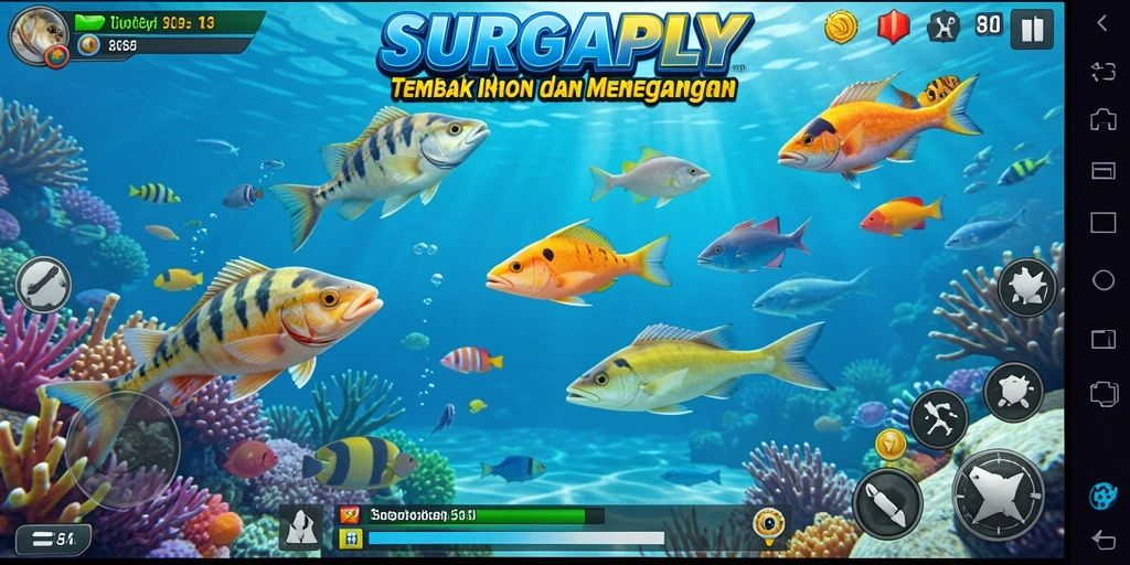 Screenshot gameplay SURGAPLY menampilkan aksi menembak ikan yang mendebarkan.