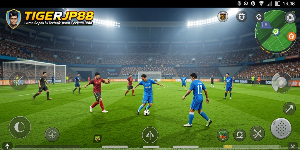 Screenshot gameplay TIGERJP88 menunjukkan aksi seru di lapangan sepak bola.