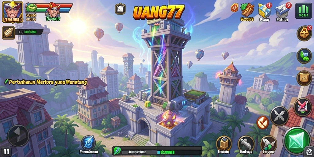 Tampilan gameplay menakjubkan dari UANG77 dalam pertahanan menara.